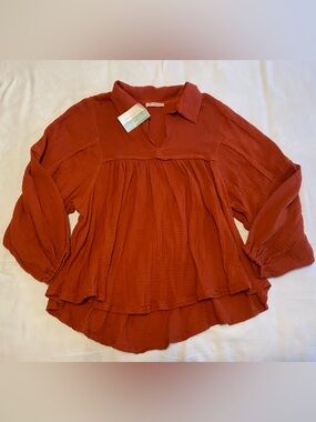 NEW Ces Femme Rust-Colored Textured Long Sleeve Flowy Top 100% Cotton Size S
